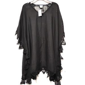 Sonoma Womens O/\S Fringe Poncho Sweater Black Pullover Short Sleeve V Neck NWT